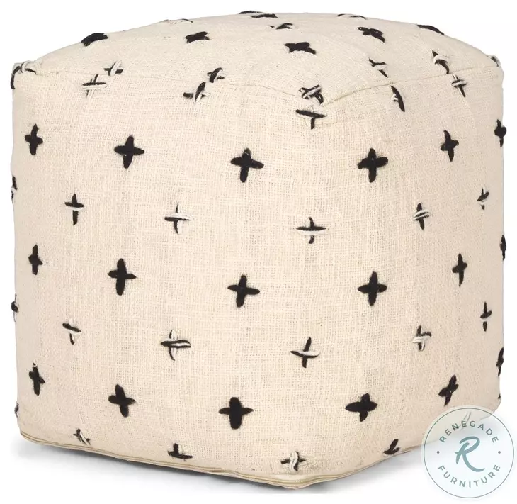 Saanvi Cream Wool And Black Stitched Cross Patterned Pouf