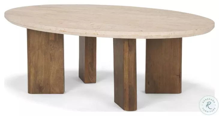 Syona Travertine And Mango Wood Oval Coffee Table