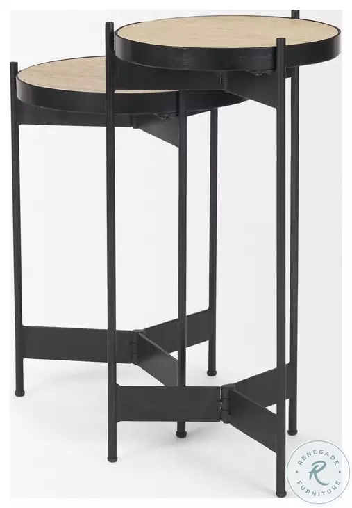 Wade Travertine Marble And Matte Black Metal Occasional Table Set