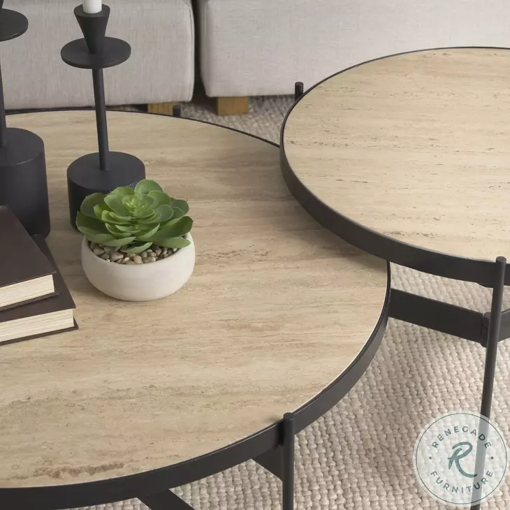 Wade Travertine Marble And Matte Black Metal Occasional Table Set