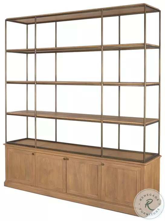 Braxton Light Brown Wood And Dark Aged Brass Metal 4 Door Shelving Unit