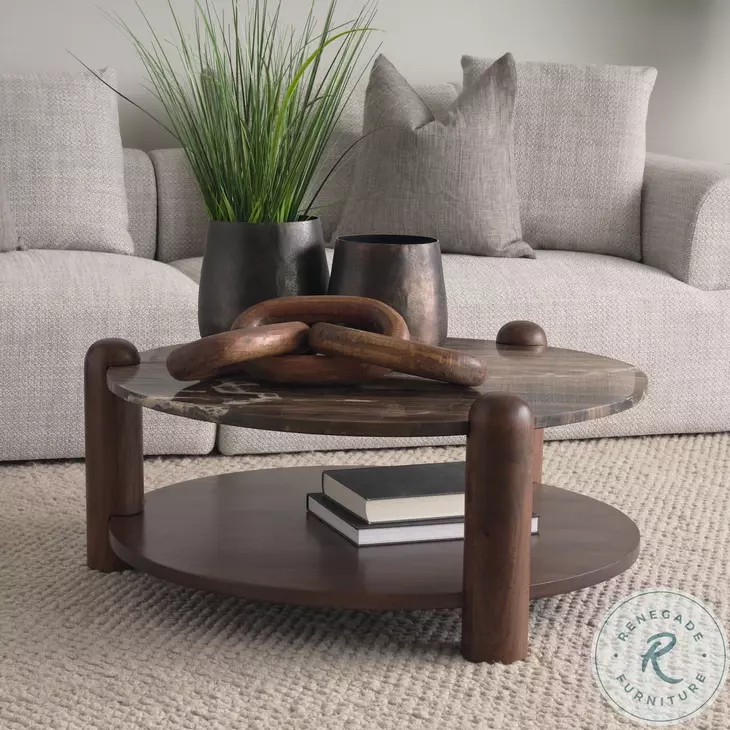 Jovia Cappuccino Marble And Brown Mango Wood Round Occasional Table Set