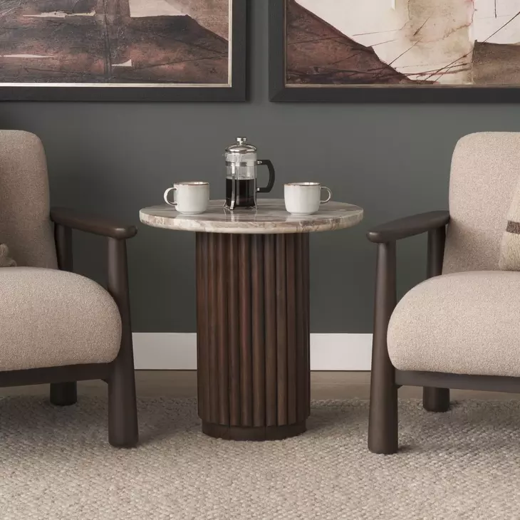 Marbrello Pink and Espresso Brown Marble Top Round Side Table
