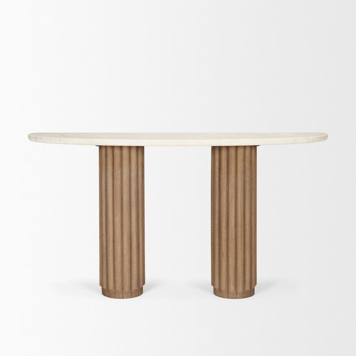 Marbrello Botticino and Light Brown D Shape Marble Top Console Table