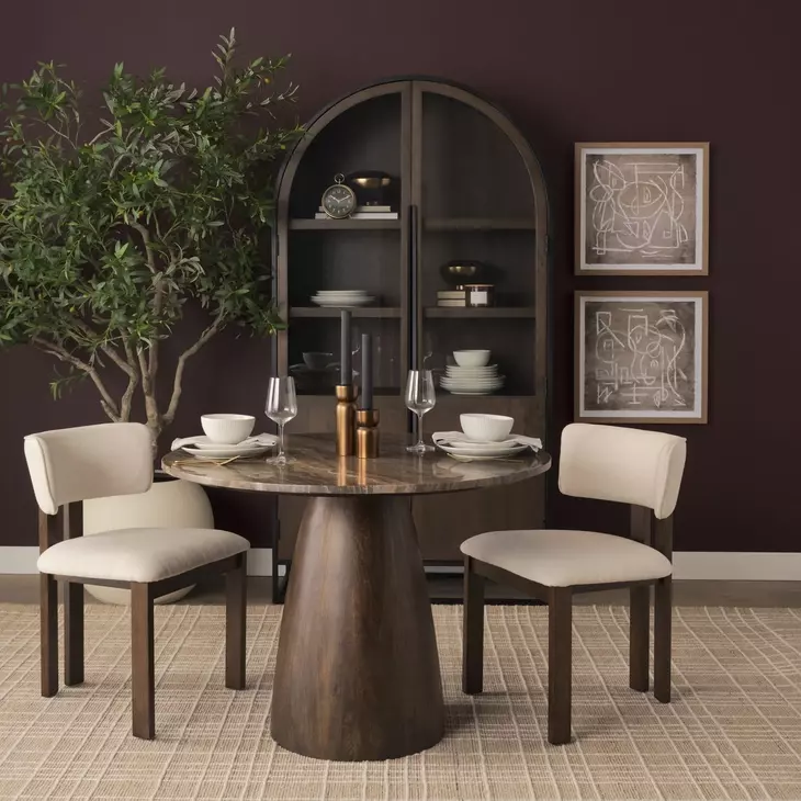 Allyson Dark Brown and Cappuccino 42" Round Marble Top Dining Table