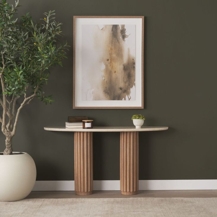 Marbrello Botticino and Light Brown D Shape Marble Top Console Table