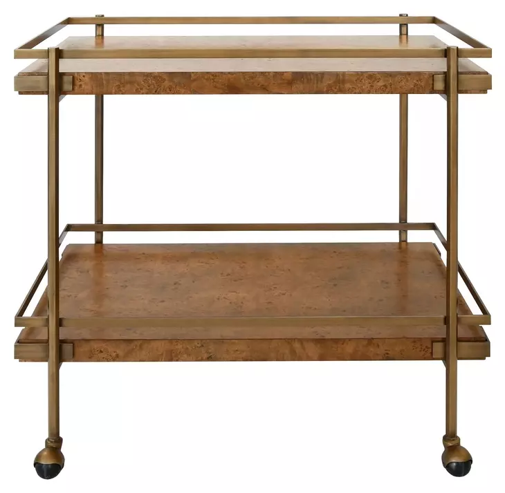 Cash Dark Burl Wood And Antique Brass Bar Cart