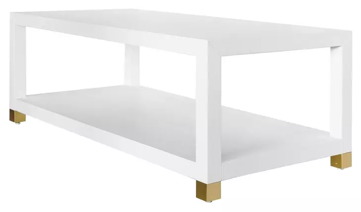 Patricia Matte White Lacquer Coffee Table With Antique Brass Foot Caps