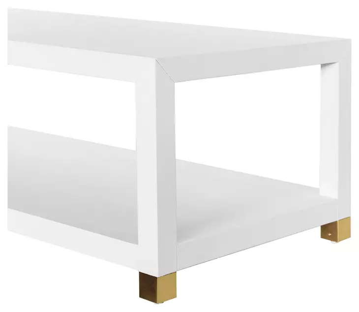 Patricia Matte White Lacquer Coffee Table With Antique Brass Foot Caps