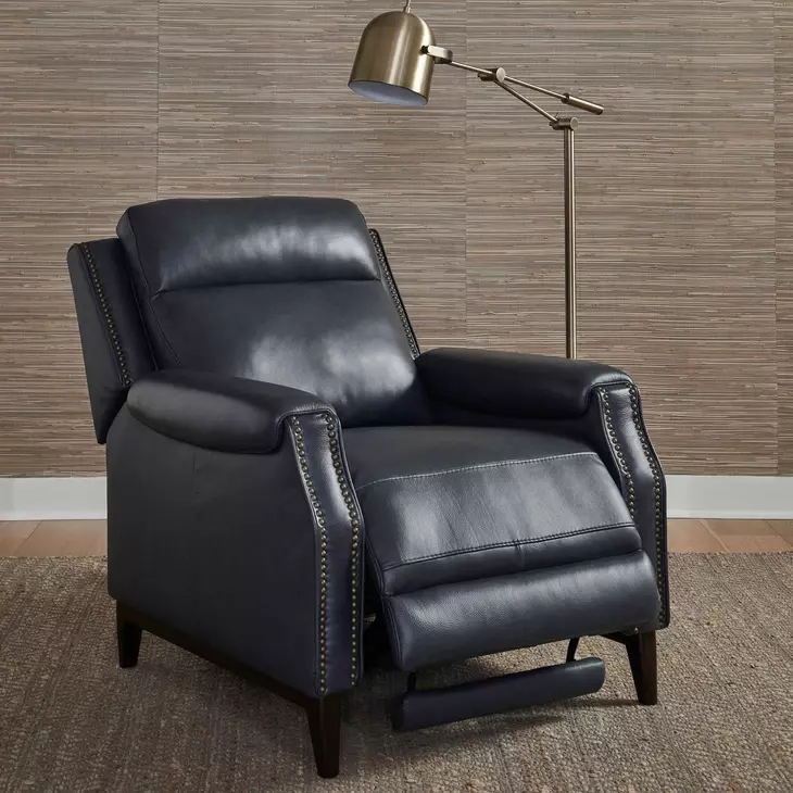 Rawling York Navy Leather Pushback Recliner with Nailhead Trim