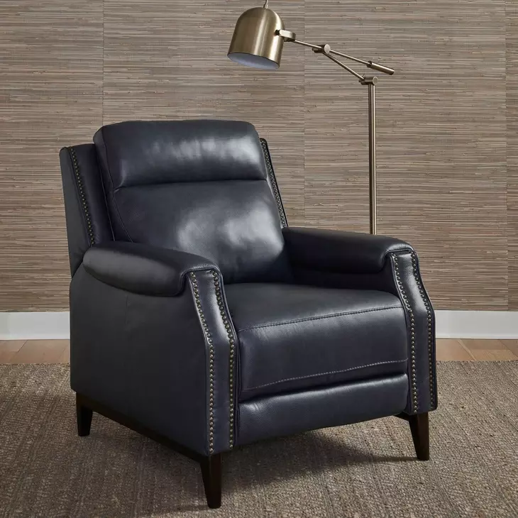 Rawling York Navy Leather Pushback Recliner with Nailhead Trim