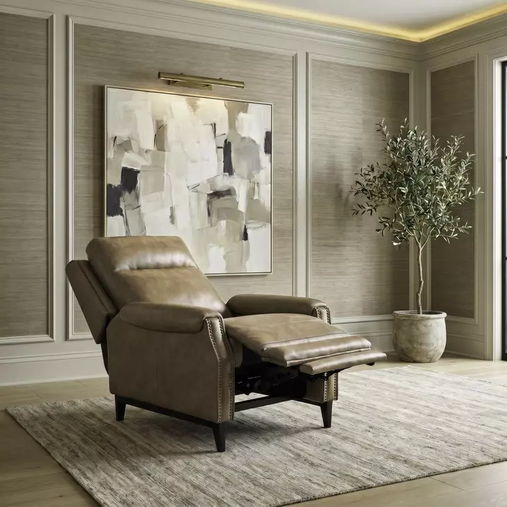 Westbury York Sand Leather Pushback Recliner with Nailhead Trim