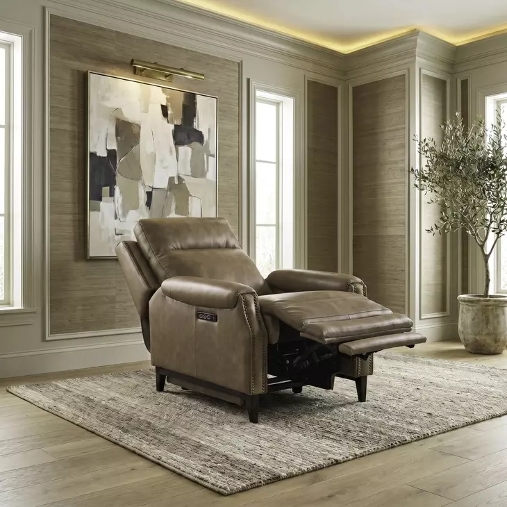 Westbury York Sand Leather Triple Power Recliner with USB Charging and Nailhead Trim