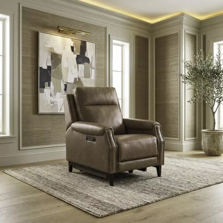 Westbury York Sand Leather Triple Power Recliner with USB Charging and Nailhead Trim