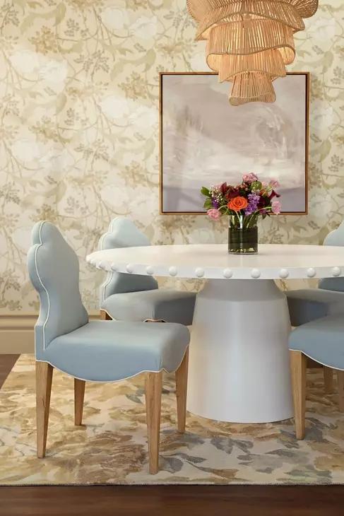 Lucian Matte White Lacquer 61.5" Dining Table With Studded Edge Top And Tapered Base