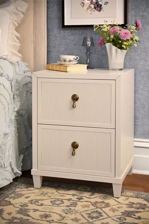 Novalie Matte Antique White Lacquer Soft Close 2 Drawer Side Table With Fluted Drawer Fronts