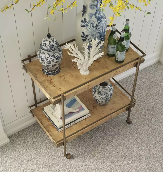 Cash Matte Burl Wood Bar Cart
