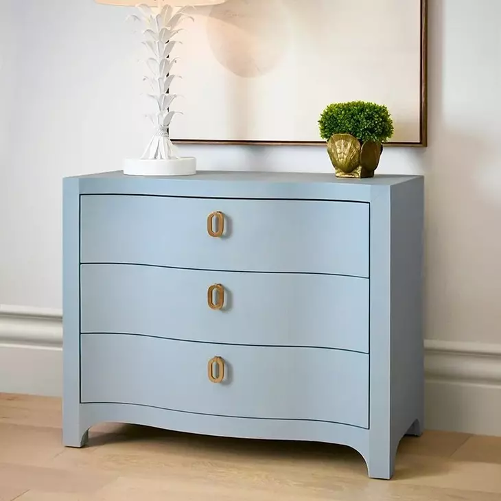 Cora Textured Light Blue Linen 3 Drawer Soft Close Curved Front Accent Chest