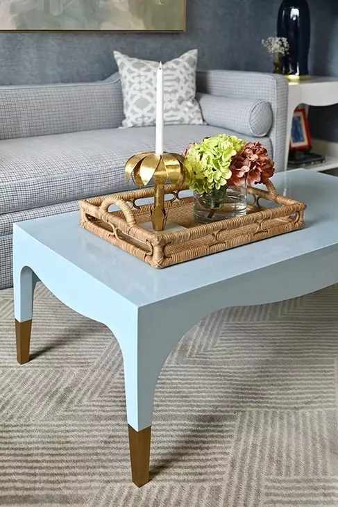 Medina Light Blue Lacquer Coffee Table With Antique Brass Foot Caps