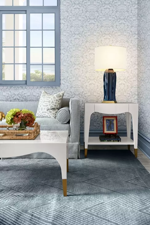 Medina White Lacquer Coffee Table With Antique Brass Foot Caps