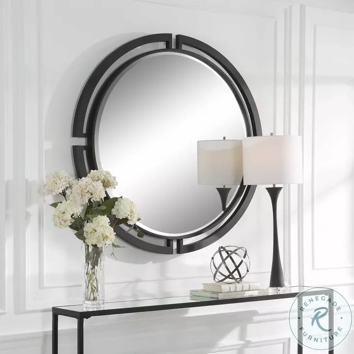 Quadrant Satin Black Round Mirror