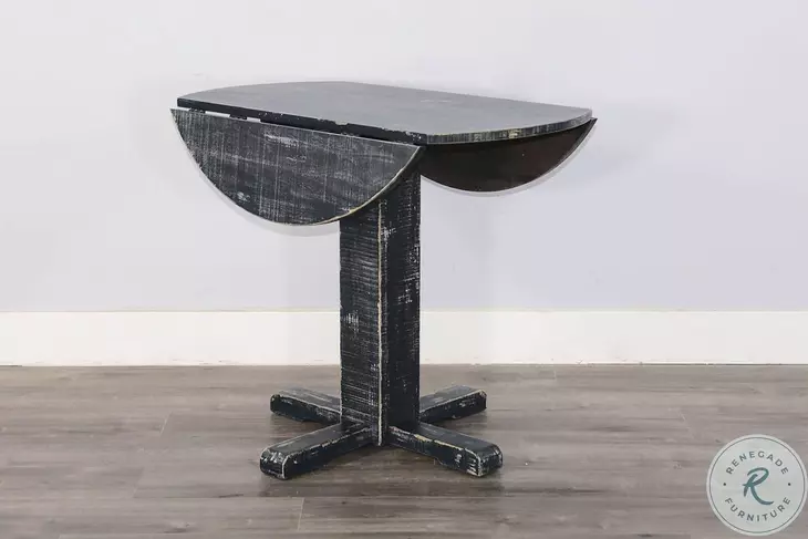 Rustic Refined Black Sand Round Drop Leaf Dining Room Set