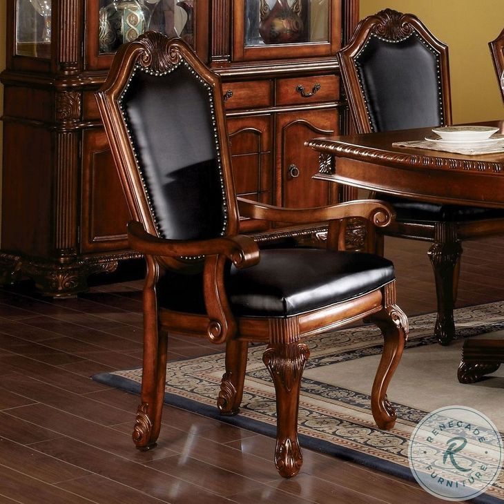 Chateau De Ville Black Synthetic Leather and Cherry Arm Chair Nailhead Trim Set of 2