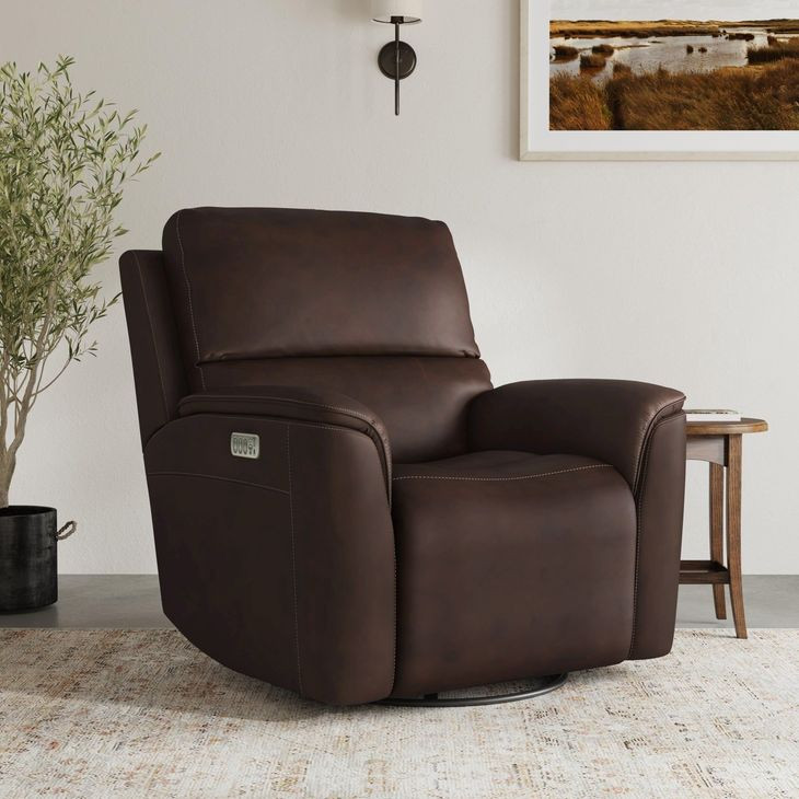 Henry Burnt Umber Leather Swivel Gliding Power Recliner with USB Charging and Heat Massage