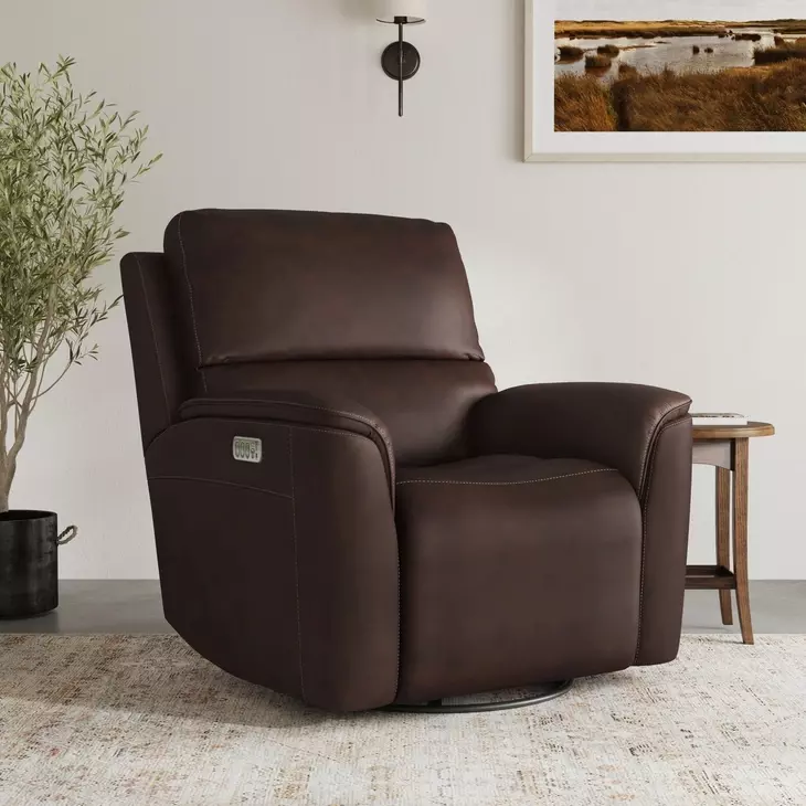 Henry Burnt Umber Leather Swivel Gliding Power Recliner with USB Charging and Heat Massage