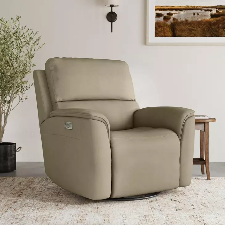 Henry Beige Leather Swivel Gliding Power Recliner with USB Charging and Heat Massage
