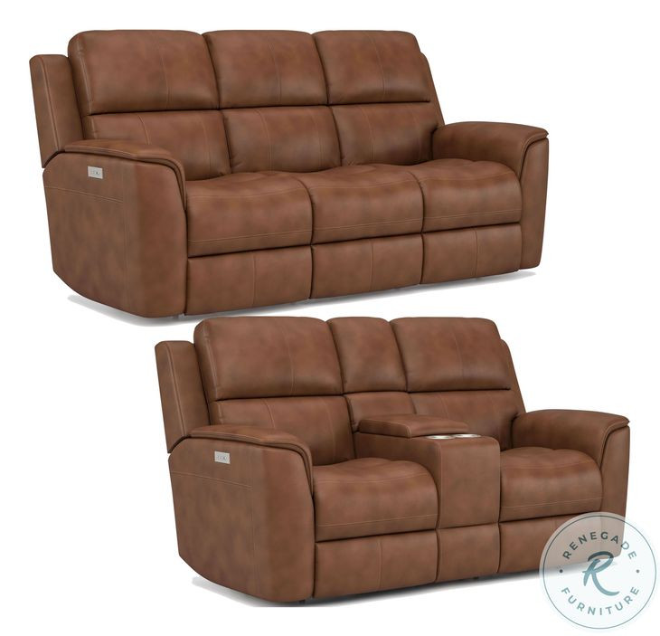 Henry Russet Leather Power Reclining Console Loveseat with Power Headrest and Lumbar