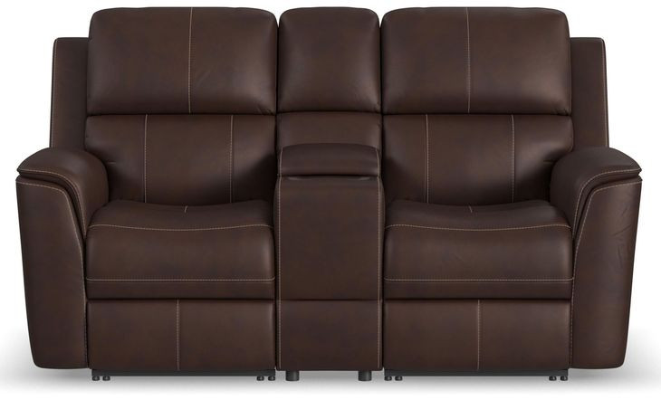 Henry Brown Leather Power Reclining Console Loveseat with Power Headrest and Lumbar