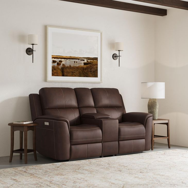 Henry Brown Leather Power Reclining Console Loveseat with Power Headrest and Lumbar