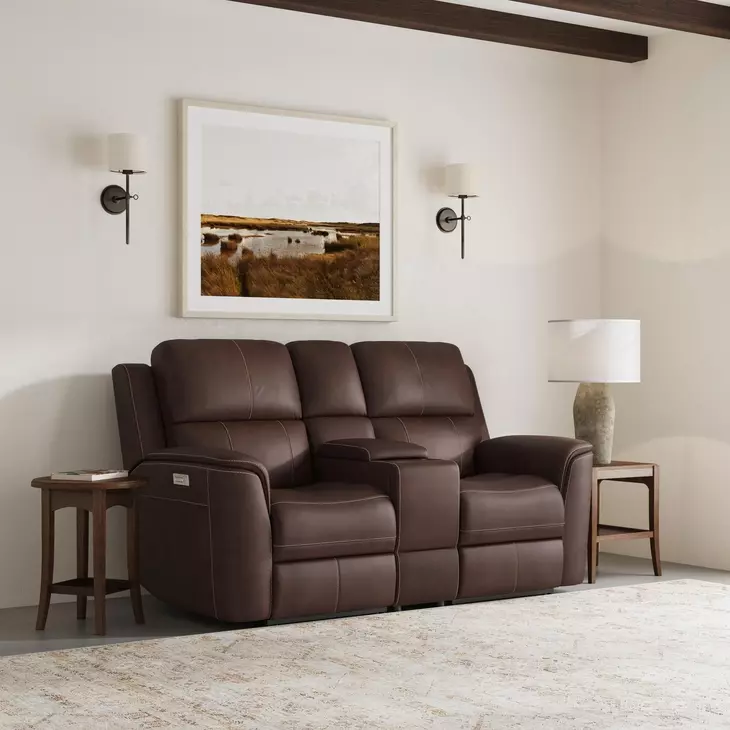 Henry Brown Leather 75" Power Reclining Console Loveseat with Power Headrest and Lumbar