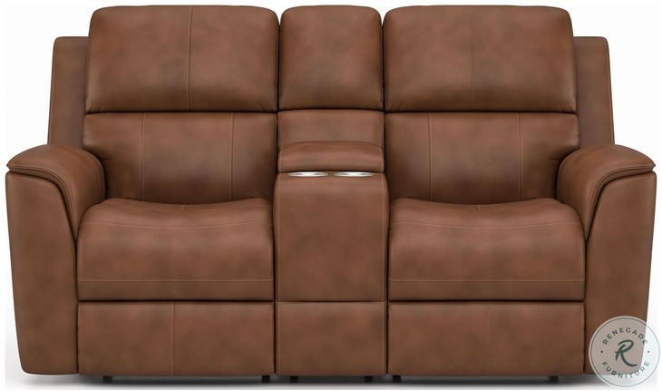 Henry Russet Leather Power Reclining Console Loveseat with Power Headrest and Lumbar