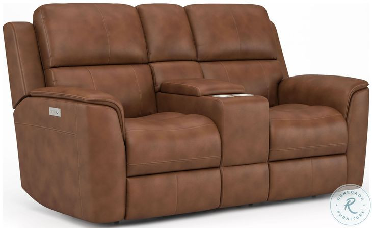 Henry Russet Leather Power Reclining Console Loveseat with Power Headrest and Lumbar