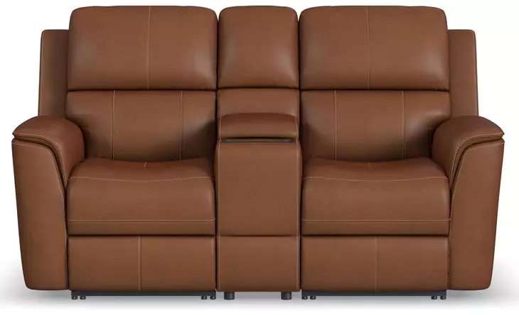 Henry Russet Leather 75" Power Reclining Console Loveseat with Power Headrest and Lumbar
