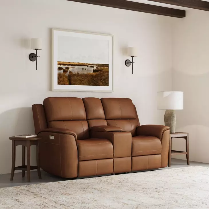 Henry Russet Leather 75" Power Reclining Console Loveseat with Power Headrest and Lumbar