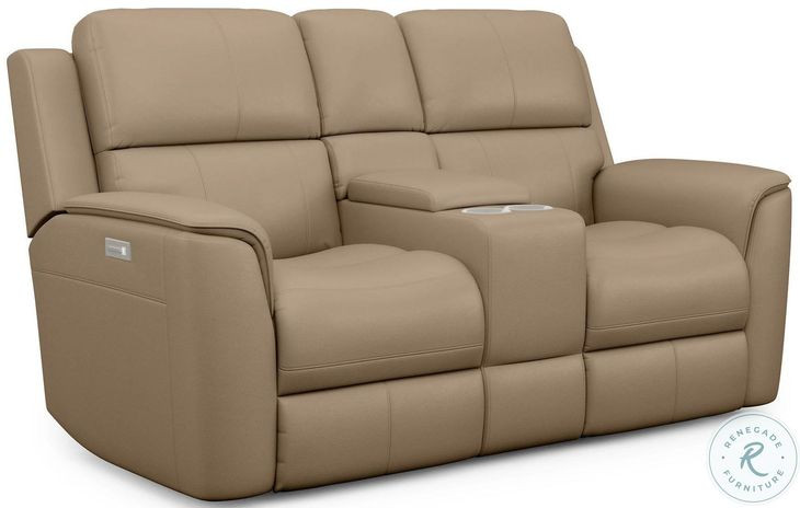 Henry Brown Leather Power Reclining Console Loveseat with Power Headrest and Lumbar