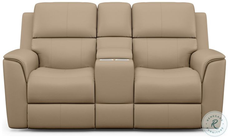 Henry Brown Leather Power Reclining Console Loveseat with Power Headrest and Lumbar