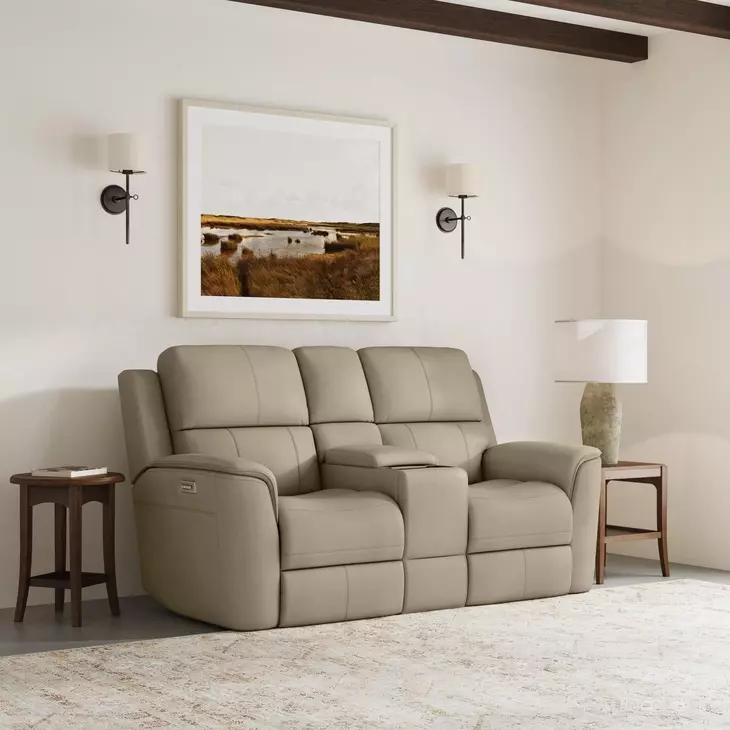 Henry Brown Leather 75" Power Reclining Console Loveseat with Power Headrest and Lumbar