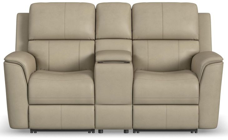 Henry Brown Leather Power Reclining Console Loveseat with Power Headrest and Lumbar