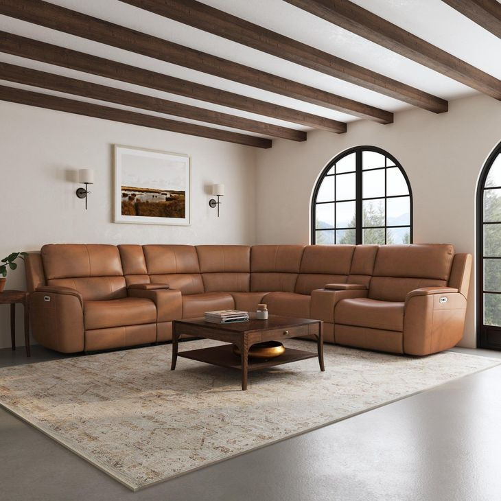 Henry Caramel Leather 7 Piece Modular Zero Gravity Power Reclining Sectional with Power Headrests and USB Charging
