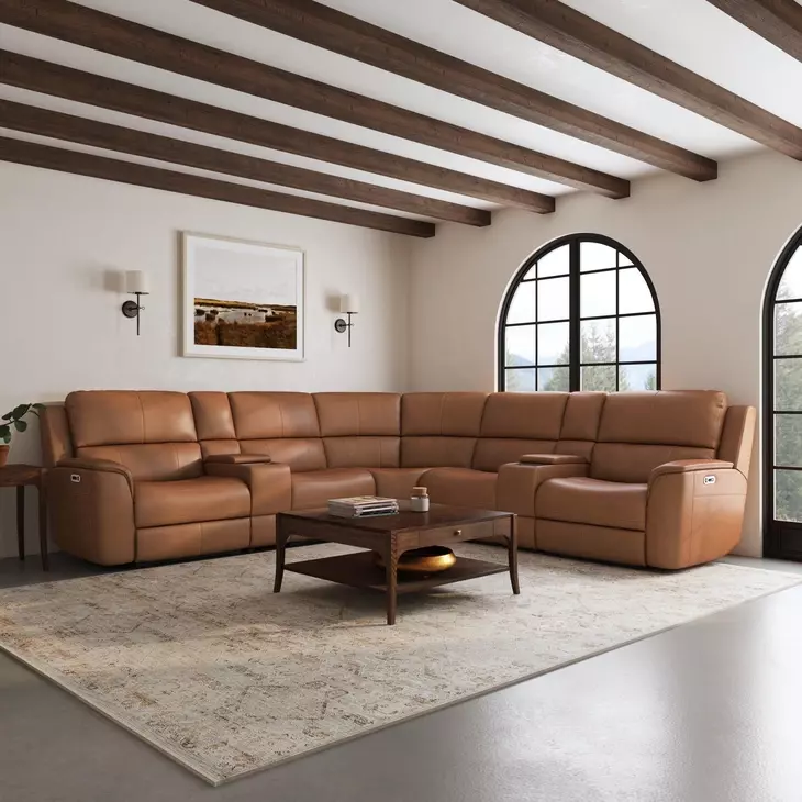Henry Caramel Leather 7 Piece Modular Zero Gravity Power Reclining Sectional with Power Headrests and USB Charging