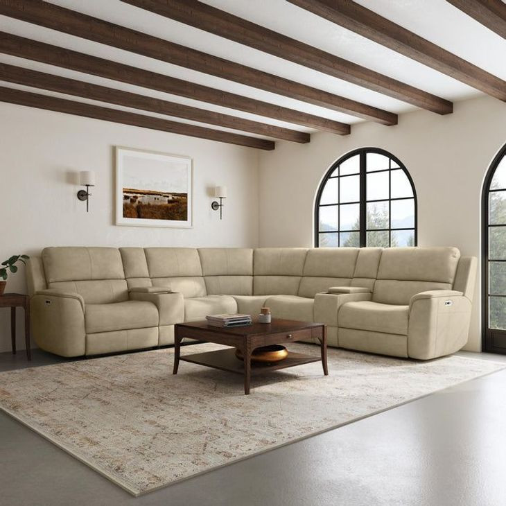 Henry Beige Leather 7 Piece Modular Zero Gravity Power Reclining Sectional with Power Lumbar and USB Charging