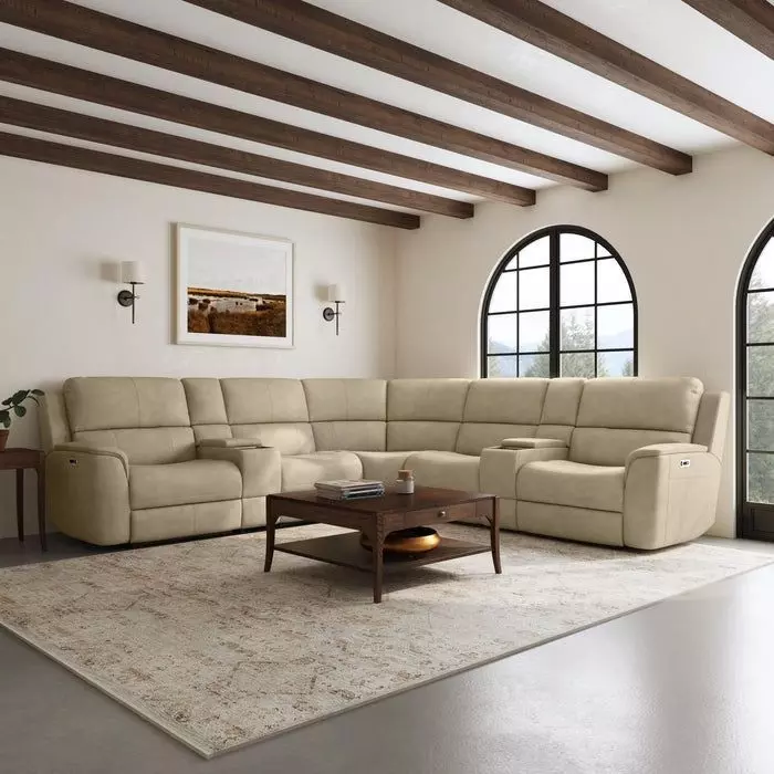 Henry Beige Leather 7 Piece Modular Zero Gravity Power Reclining Sectional with Power Lumbar and USB Charging