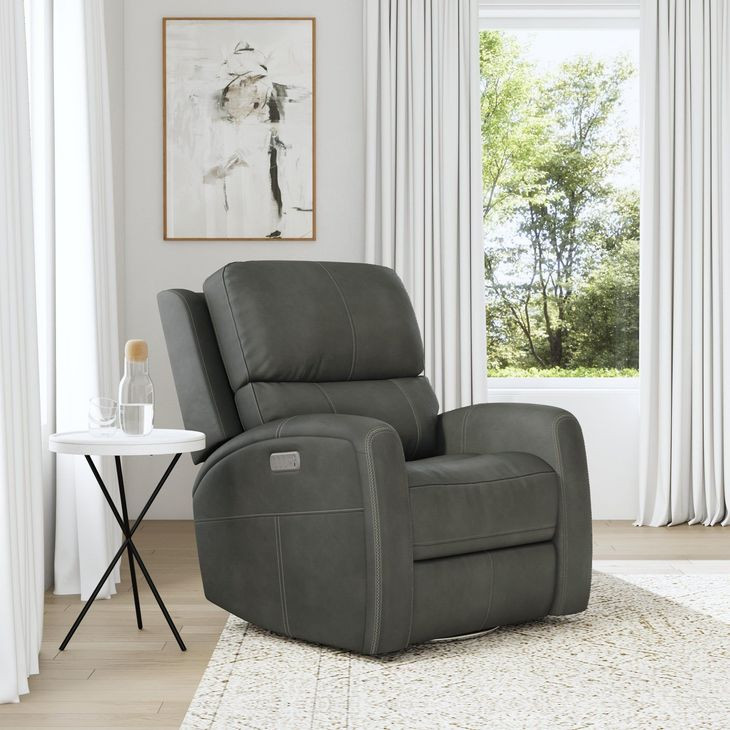 Linden Charcoal Leather Zero Gravity Swivel Gliding Power Recliner with USB Charging and Heat Massage