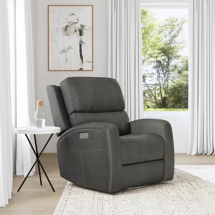 Linden Charcoal Leather Zero Gravity Swivel Gliding Power Recliner with USB Charging and Heat Massage
