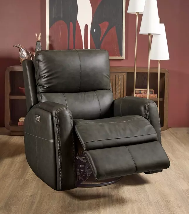 Linden Charcoal Leather Zero Gravity Swivel Gliding Power Recliner with USB Charging and Heat Massage