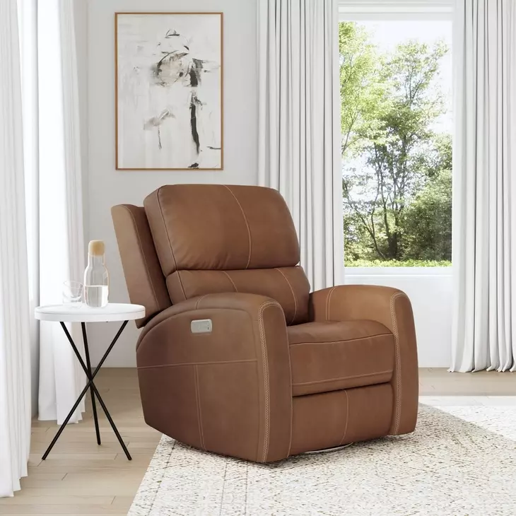 Linden Caramel Leather Zero Gravity Swivel Gliding Power Recliner with USB Charging and Heat Massage